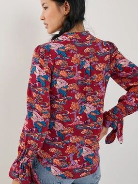 Anthropologie Maeve Darla Long Sleeve Floral Crane Button Front Top US Size 0